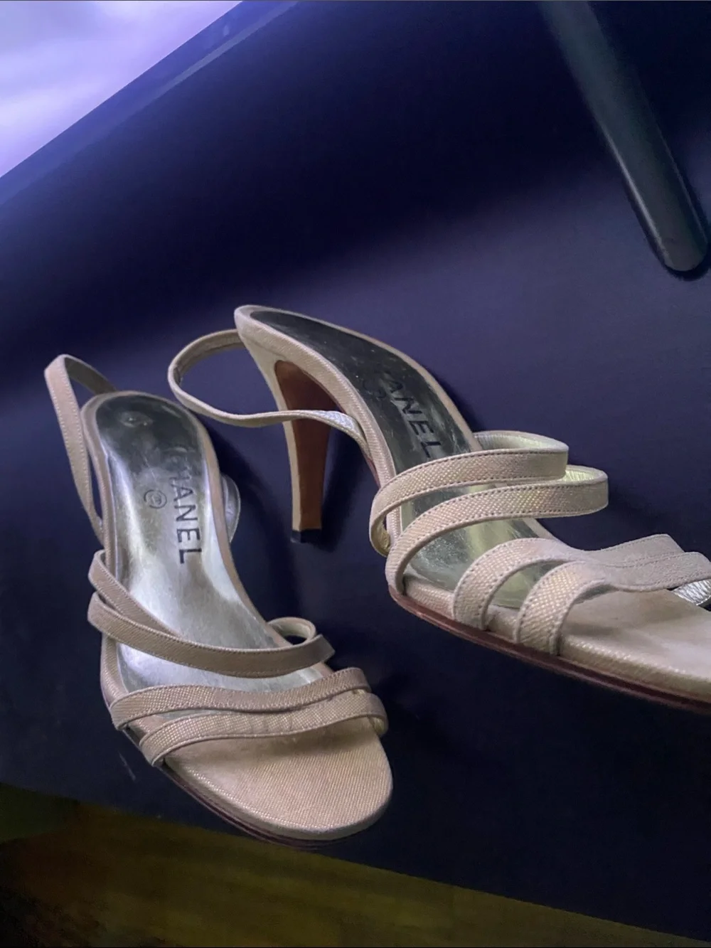 CHANEL Metallic Gold Multi-Strap Slingback Heels
